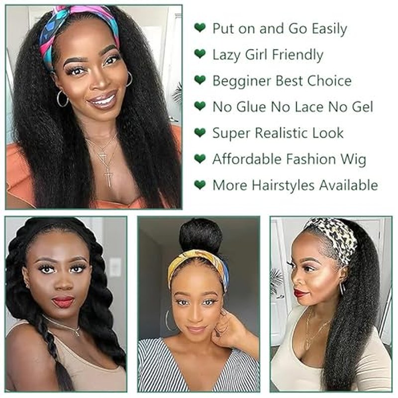 Zealady Human Hair Headband Wig For Black Women Kinky Straight Headband Wig 12A 180 Density Yaki Straight Human Hair Wigs With Headband Attached Half Wig 22 Inch