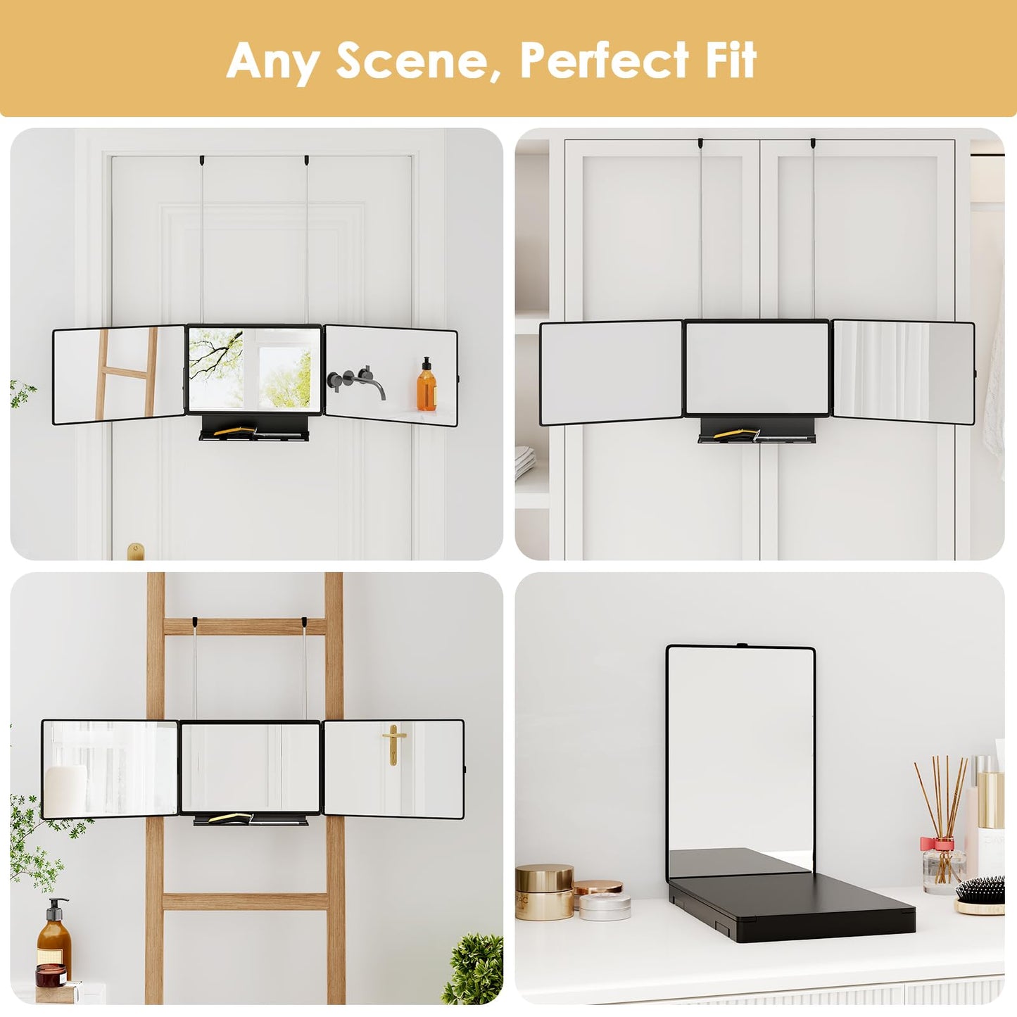 Dripex 3 Way Mirror with Storage Shelf, Trifold Self Haircut 360° Barber Mirror with Height Adjustable Hooks for Makeup, Styling, Shaving, Braiding, Dye Hair