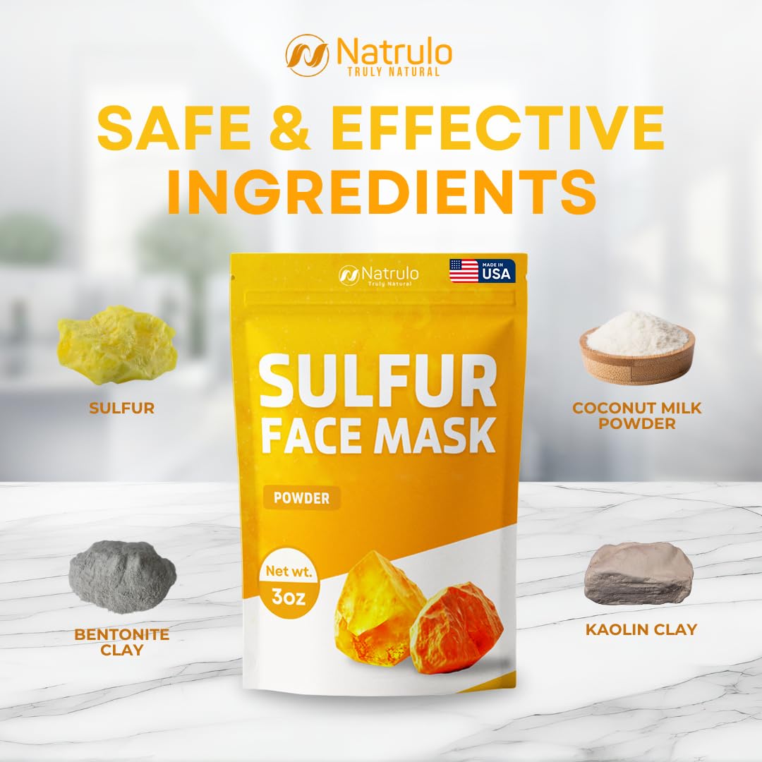 Sulfur Face Mask – All Natural Brightening Facial Clay Mask Powder – Glowing Skincare for Oily & Blemish-Prone Looking Skin – Sulphur & Bentonite Clay Absorb Excess Oil and Cleanse Pores, Made in USA
