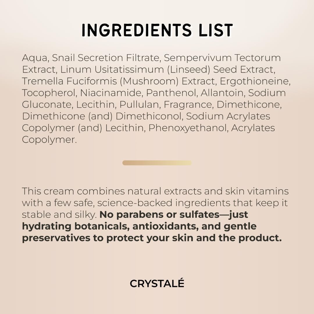 CRYSTALÉ Snail Mucin Filtrate 92% Hydrating Face Moisturizer Gel Cream for Korean Skin Care Beauty Routine with Niacinamide and Panthenol, Deep Hydration Formula for Face, Hands and Body, 3.38 fl.oz