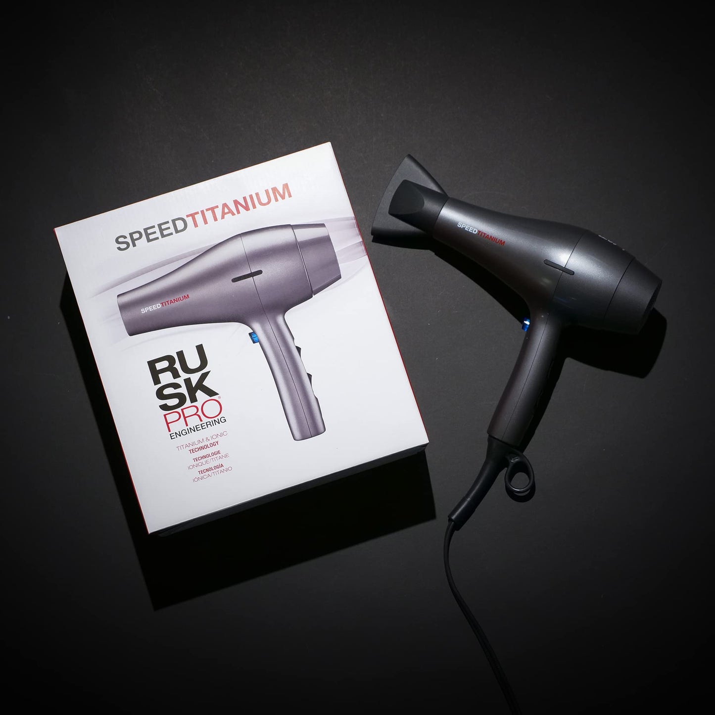 RUSK PRO Speed Titanium Hair Dryer, Ionic Generator Eliminates Frizz, Powerful AC Motor with 6 Speed and Heat Settings for Fast Styling, Plus Diffuser and Concentrator for Unique Styles
