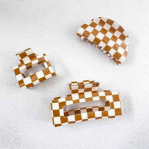 Brown & White Checkered Hair Clips, 3 Pack - Includes Square, Semicircle, and Rectangle Claw Clips for Thick or Thin Hair, Hair Accessories for Women and Girls