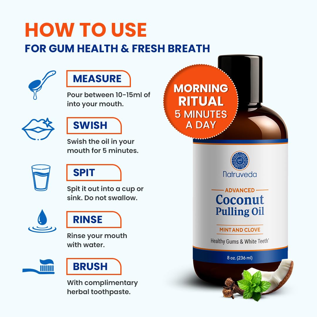 Natruveda Coconut Oil Pulling Mouthwash – 3 Pack, 8 oz Each, Cocomint Flavor, Organic Ayurvedic Oral Rinse, Natural Mouthwash for Teeth and Gums, Coconut Pulling Oil for Daily Oil Pulling