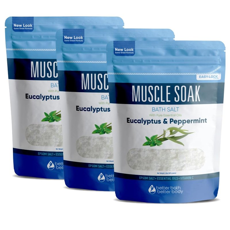 Muscle Bath Salt (3-Pack with Scoop) Muscle Bath Soaks with Pure Essential Oils in BPA Free Pouch with Press-Lock Seal Made in USA, Three 2-lbs Pouches 6-Lbs Total