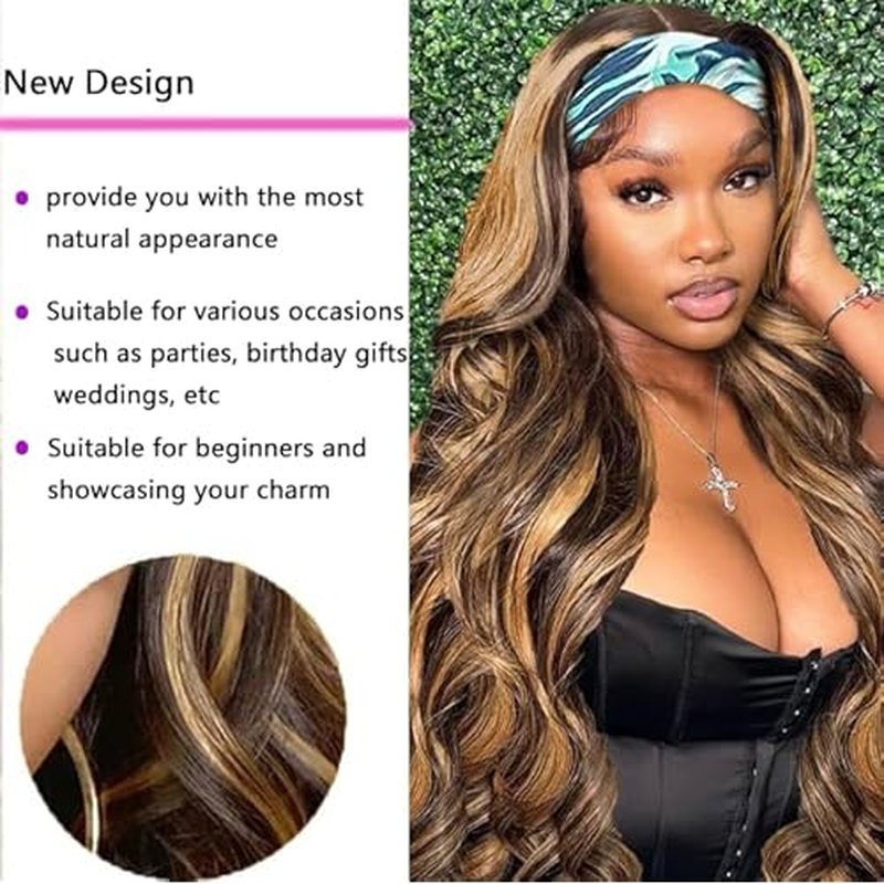 Ombre Headband Wig Human Hair #4/27 Highlight Body Wave Headband Wig Glueless None Lace Front Wig Brazilian Virgin Human Hair Wigs for Black Women Wear andGo Wig 180% Density 22 inch
