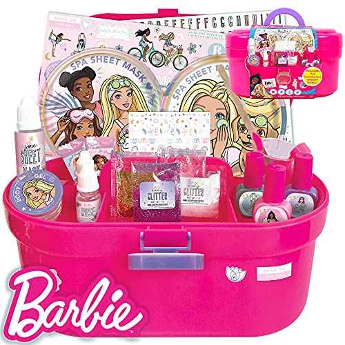Barbie Cosmetic Case by Horizon Group USA, DIY Beauty Kit for an at-Home Spa Day, Create Your Own Face Sheet Masks, Nail Art & Body Glitter, Includes Reusable Storage Case with Removable Tray