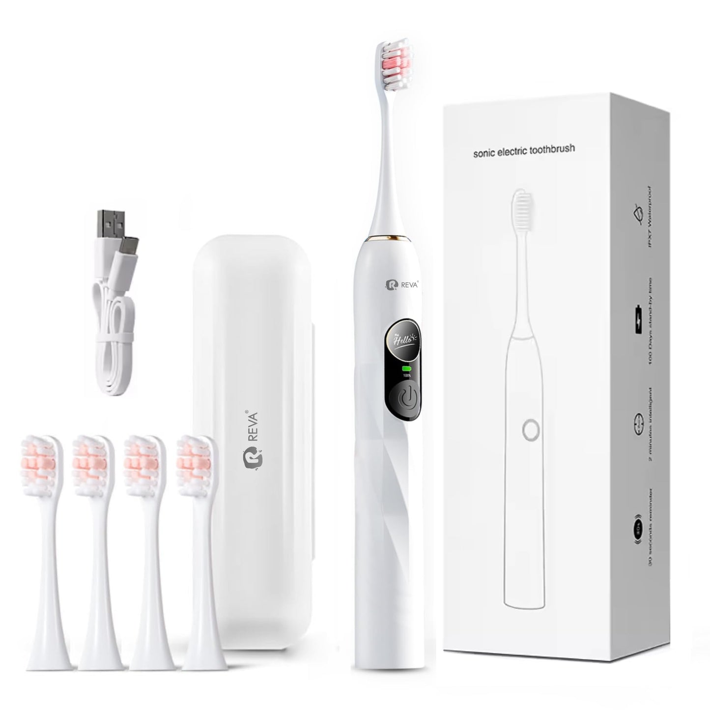 Reva V3 Sonic Electric Toothbrush for Adults, Dual Display, 5 Modes, 200-Day Battery, 4 Brush Heads, IPX7 Waterproof (White)