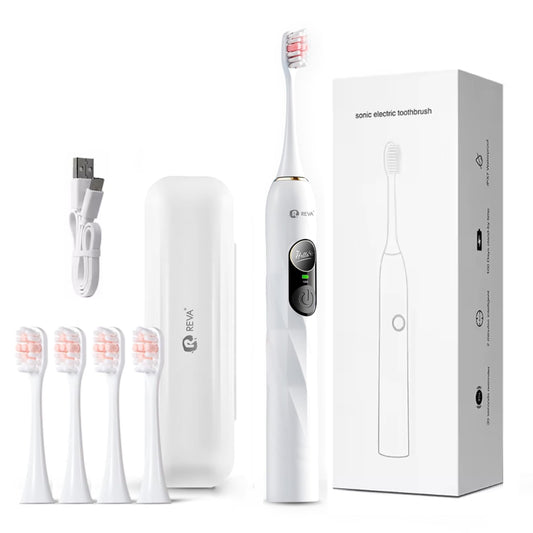 Reva V3 Sonic Electric Toothbrush for Adults, Dual Display, 5 Modes, 200-Day Battery, 4 Brush Heads, IPX7 Waterproof (White)