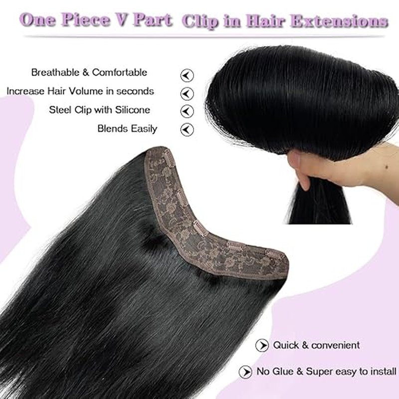 Jet Black 26 Inch Clip Human Hair Extensions 3/4 Full Head Body Wave Double Weft 120G One Piece Clip in V Shape Invisible Hairpiece Seamless Curly Extension