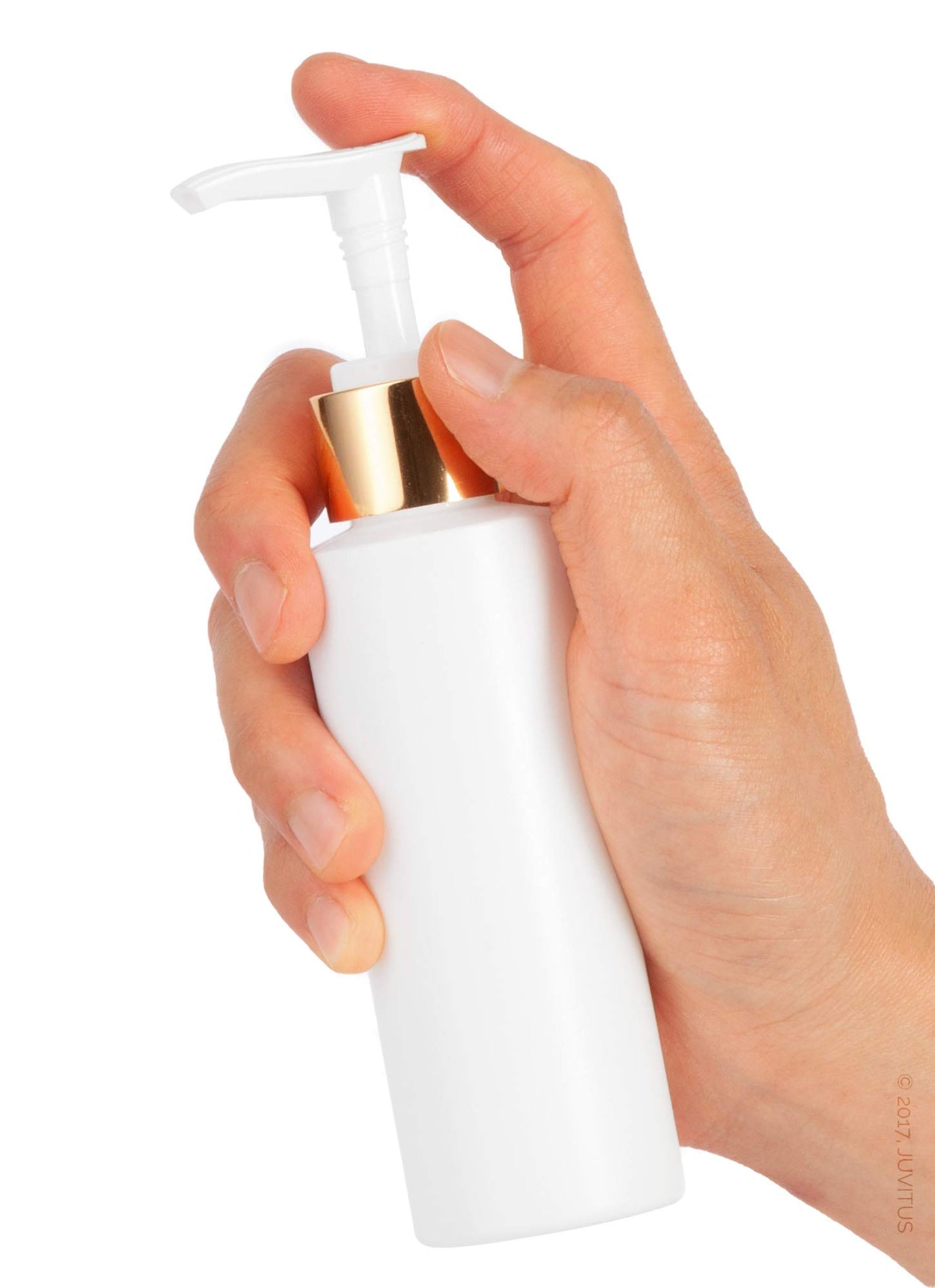 4 oz / 120 ml White Plastic HDPE Refillable Cylinder Squeeze Bottle with Gold Lotion Pump (12 Pack)