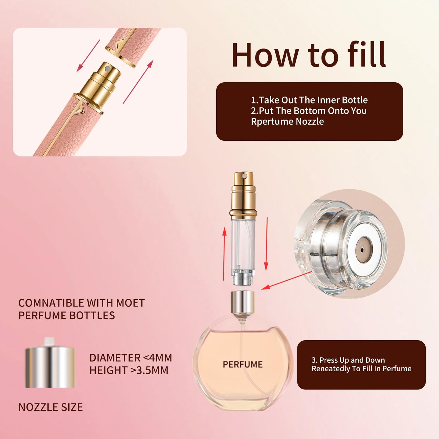 DIOHIO 5ml Perfume Atomizer Travel Refillable, 2PCS Perfume Travel Refillable Bottle,Bottom-Filling Fragrances Perfumes Bottle,Mini Cologne Dispenser,Lightweight Portable Sprayer（White-Pink）