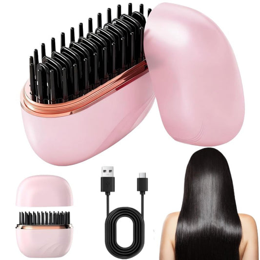 Mini Hair Straightener, Rechargeable Portable Hair Straightener Brush, 3-Speed Temperature Control, Anti-Scald Shell, Lightweight & Portable Travel (Pink)
