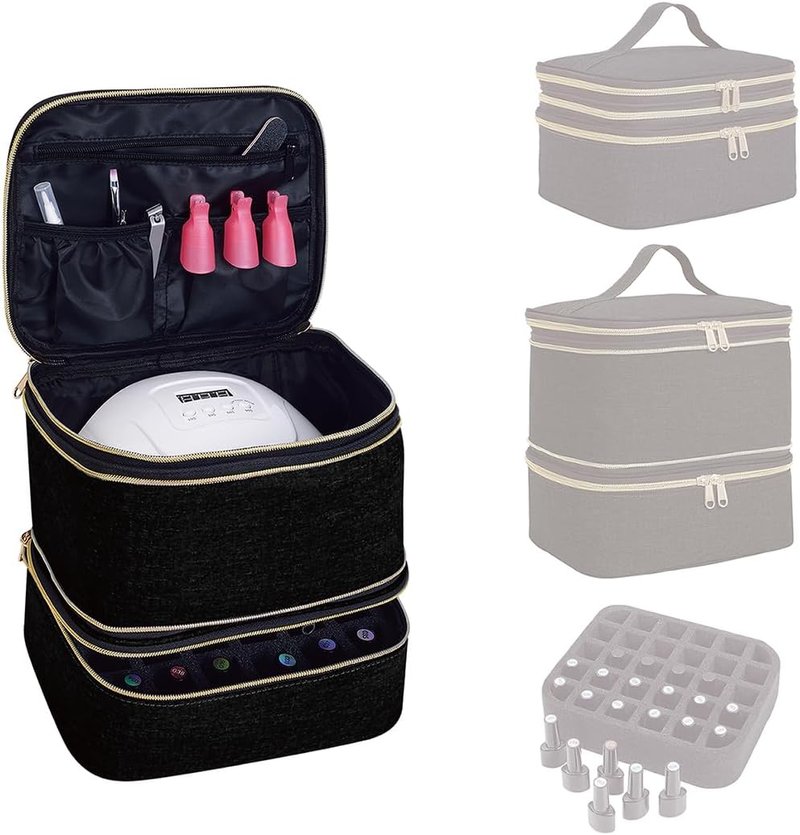 Nail Polish Organizer - Handheld Double Layer Storage with Adjustable Dividers | Holds 30 Bottles (15ml/0.5 fl. oz) - Black