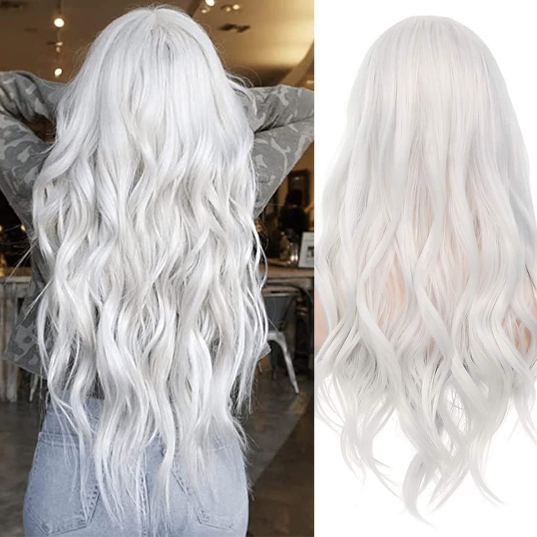 RicHyun Long Curly Wavy White Wig Middle Part Cosplay Wig Synthetic Heat Resistant Costume Halloween Wigs for Women Girls