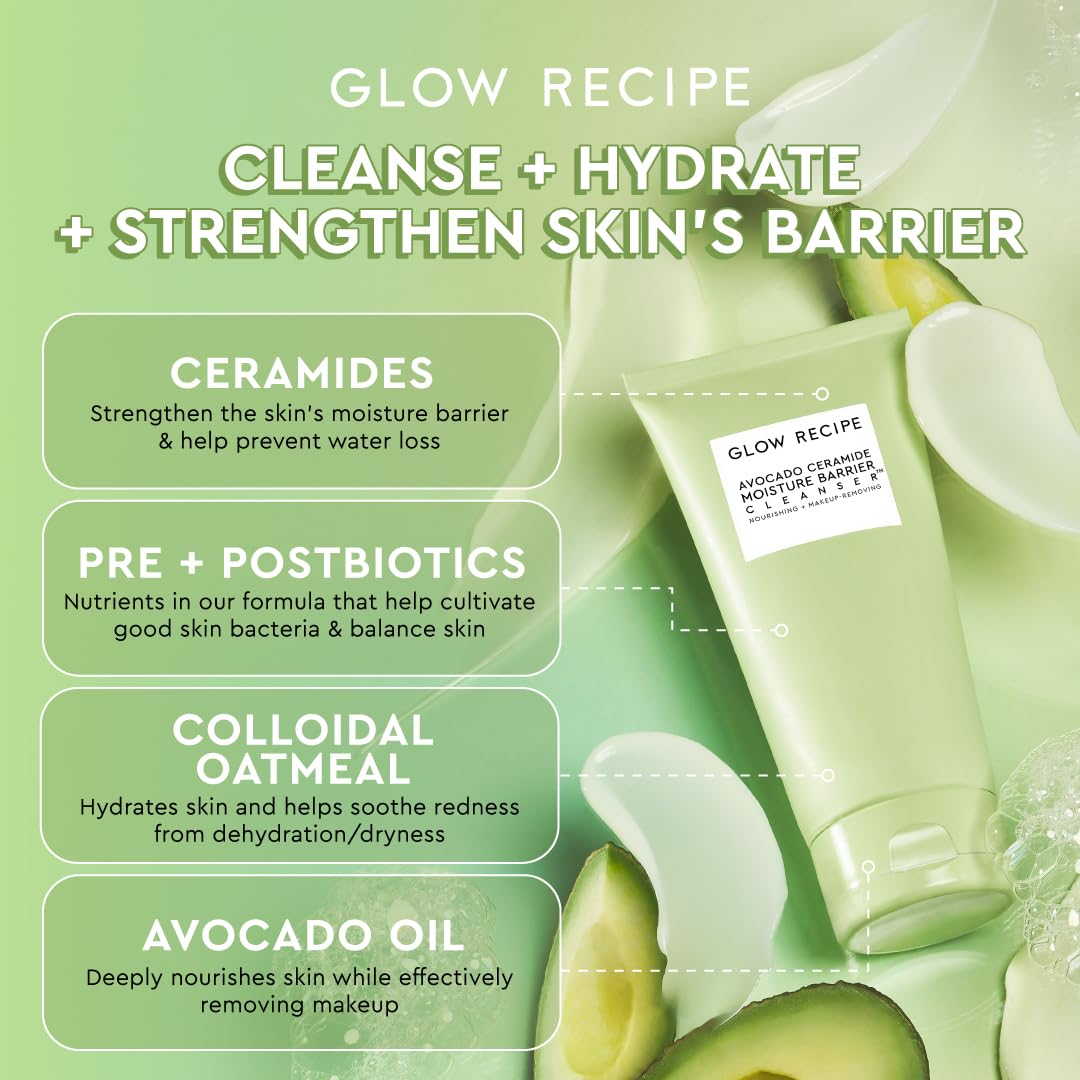 Glow Recipe Avocado Ceramide Facial Cleanser, Korean Double Cleanse Second Step, Hydrating Gel-to-Foam Face Wash for Dry Skin, Barrier Support, Hyaluronic Acid + Colloidal Oatmeal (150ml)