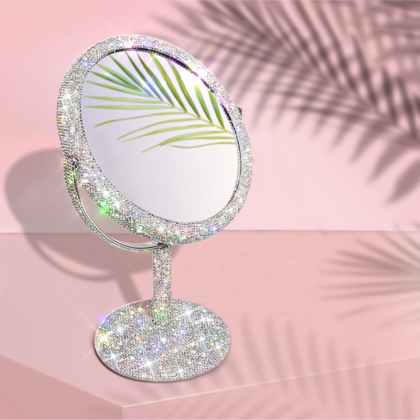 TISHAA Bling Makeup Vanity Mirror - Luxury Stand Double-Sided Regular Glass Mirror, Crystal Rhinestone Diamond Glitter, Portable for Desk, Bathroom, Bedroom, Tabletop (White Regular Lens Version)