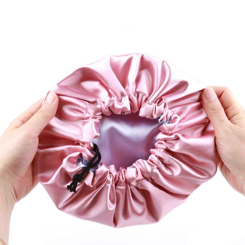ELIHAIR 2pc Kids Satin Bonnet Sleeping Cap for Natural Hair Teens Toddler Child Baby Adjustable Satin Cap for Night Sleeping Reversible Double Layer(Black+ Pink/Purple)
