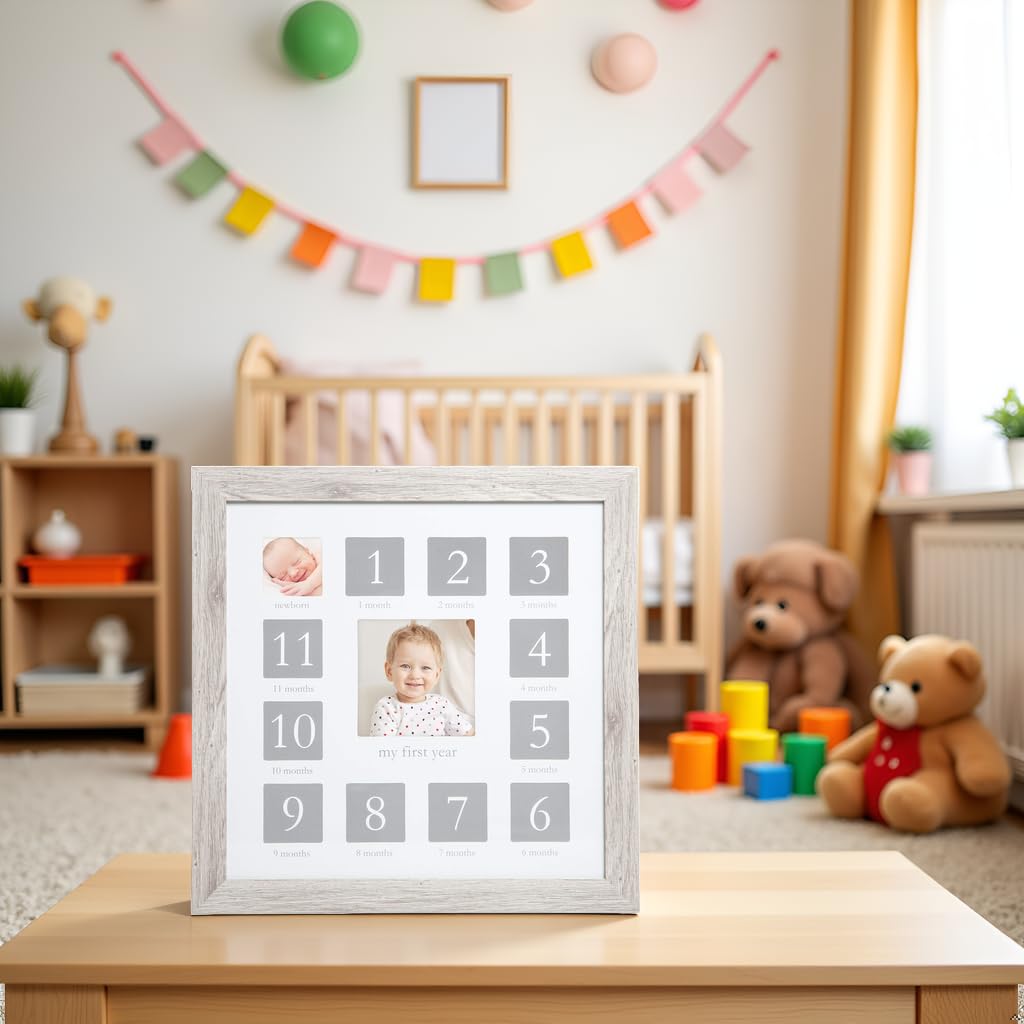 Kate & Milo My First Year Frame, Newborn To First Birthday Photo Frame, Baby Keepsake Nursery Frame, Rustic Wood