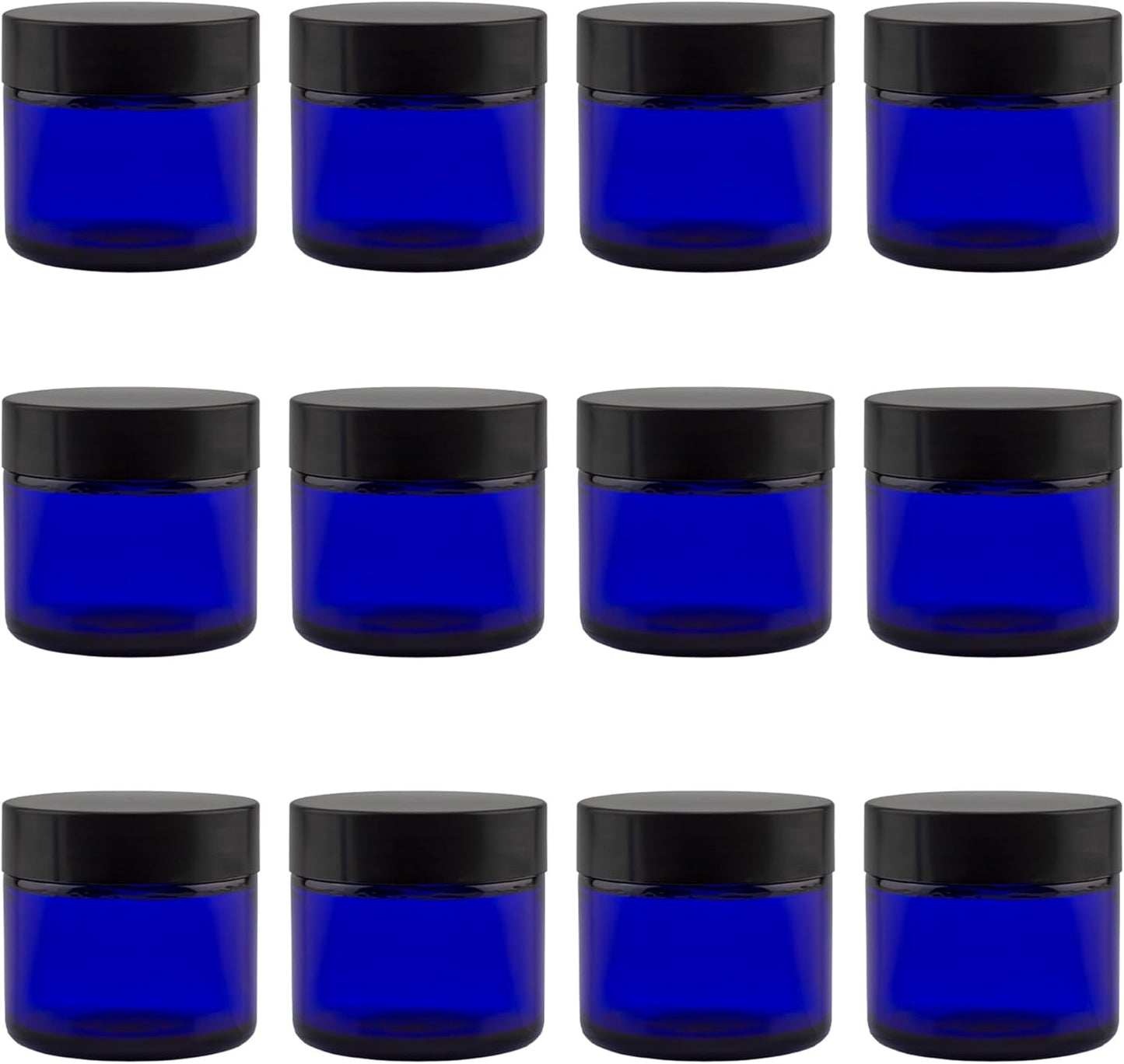 Cobalt Blue Glass Cosmetic Jars - 2oz Straight Sided Jars with Black Lined Lids | Pack of 12 for Balms & Creams