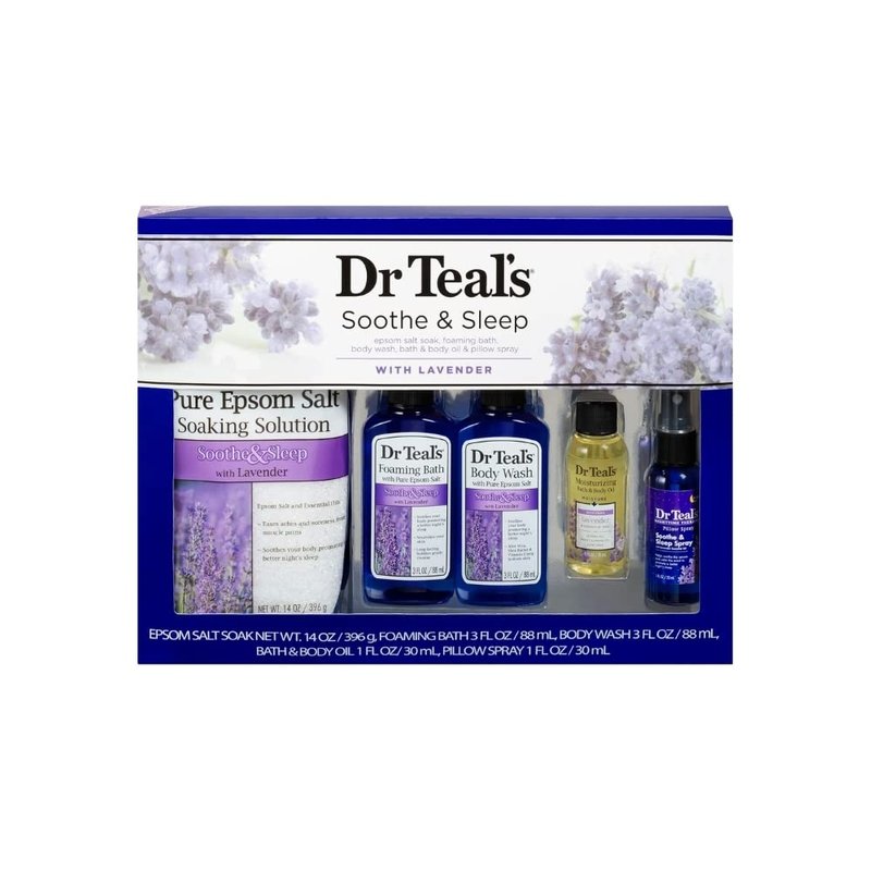 Dr Teal's Lavender Soothe & Sleep Full Regimen 5-piece Gift Set (Epsom Salt Soaking Solution, Foaming Bath, Body Wash, Moisturizing Bath & Body Oil, Pillow Spray)