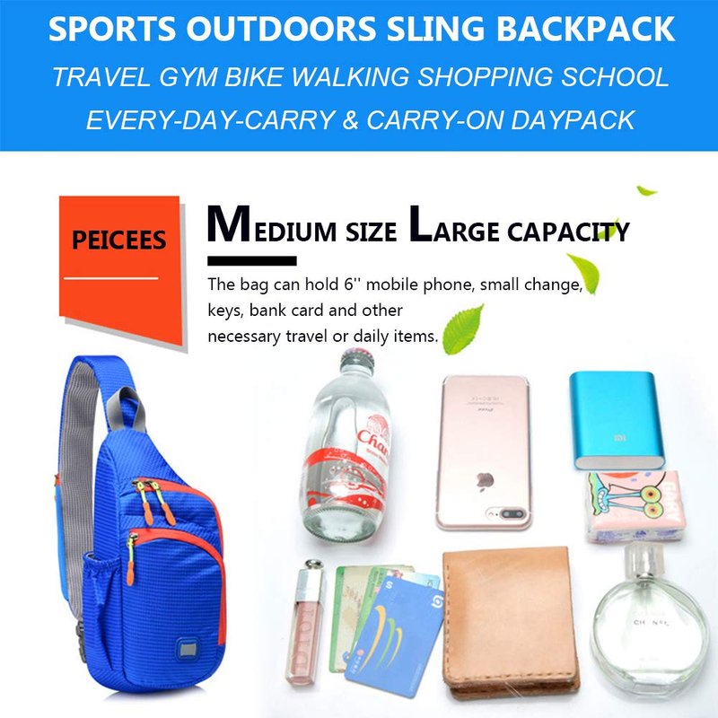 Peicees Medium Sling Backpack Waterproof Unisex Shoulder Bag Chest Crossbody Daypack