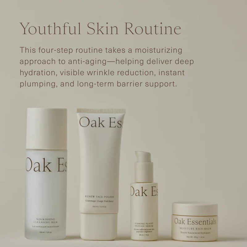 Oak Essentials Youthful Skin Routine Set | 4-Step Skin Renewal Kit with Peptide Serum, Face Polish, Cleansing Milk & Moisture Balm