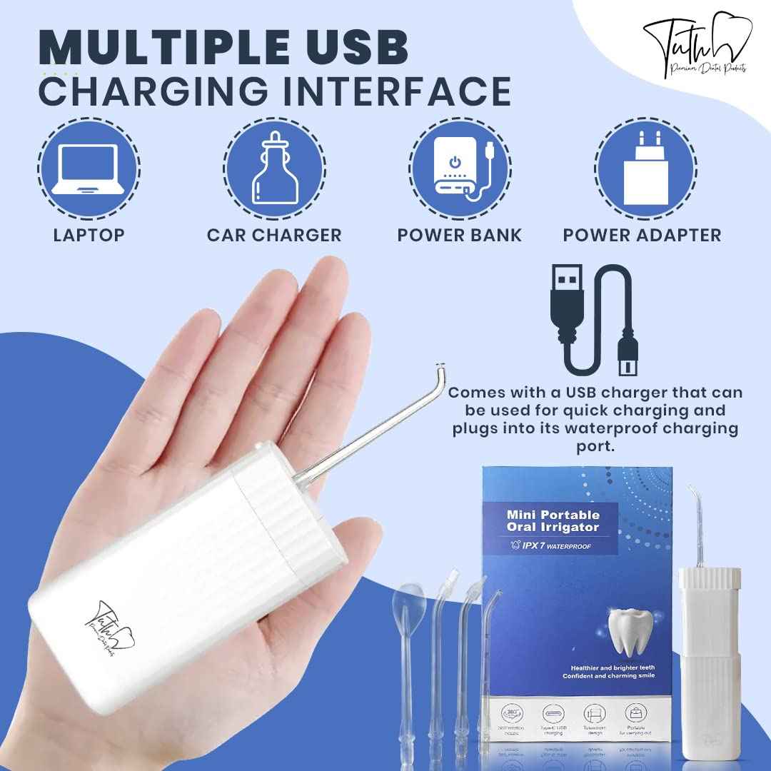 Tuth Premium Dental Products Water Flosser - Portable Oral Irrigator with 4 Interchangeable Tips - Gum, Tongue, Teeth Cleaner with 3 Jet Settings - Travel Friendly, IPX7 Waterproof, 4-Hour Charge Time