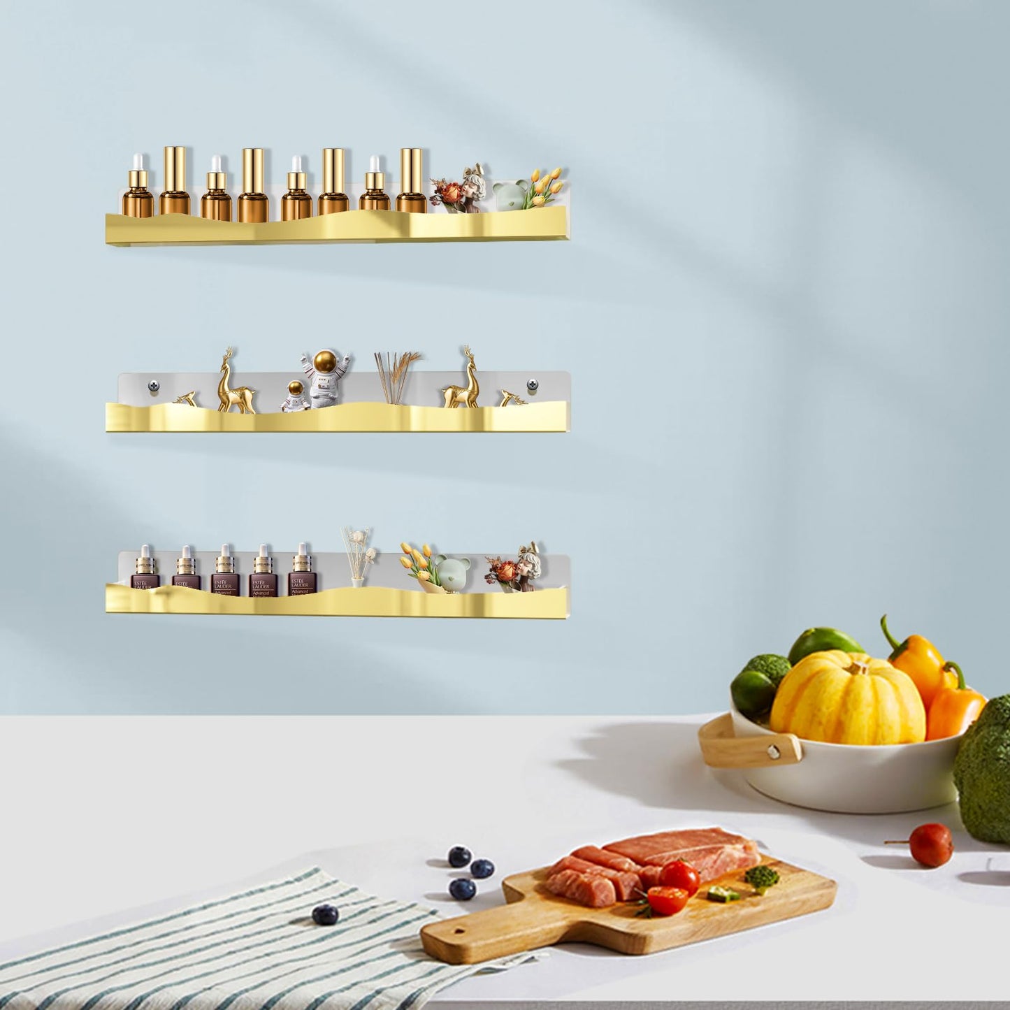 SOVQUEST 6 Pack Nail Polish Wall Rack Mirror Gold Acrylic Wall Mount Ledges with Stopper 15 Inch Kids Bookshelf Tattoo Ink Essential Oils Figurine Display Shelves Spice Rack for Salons Retailers Home