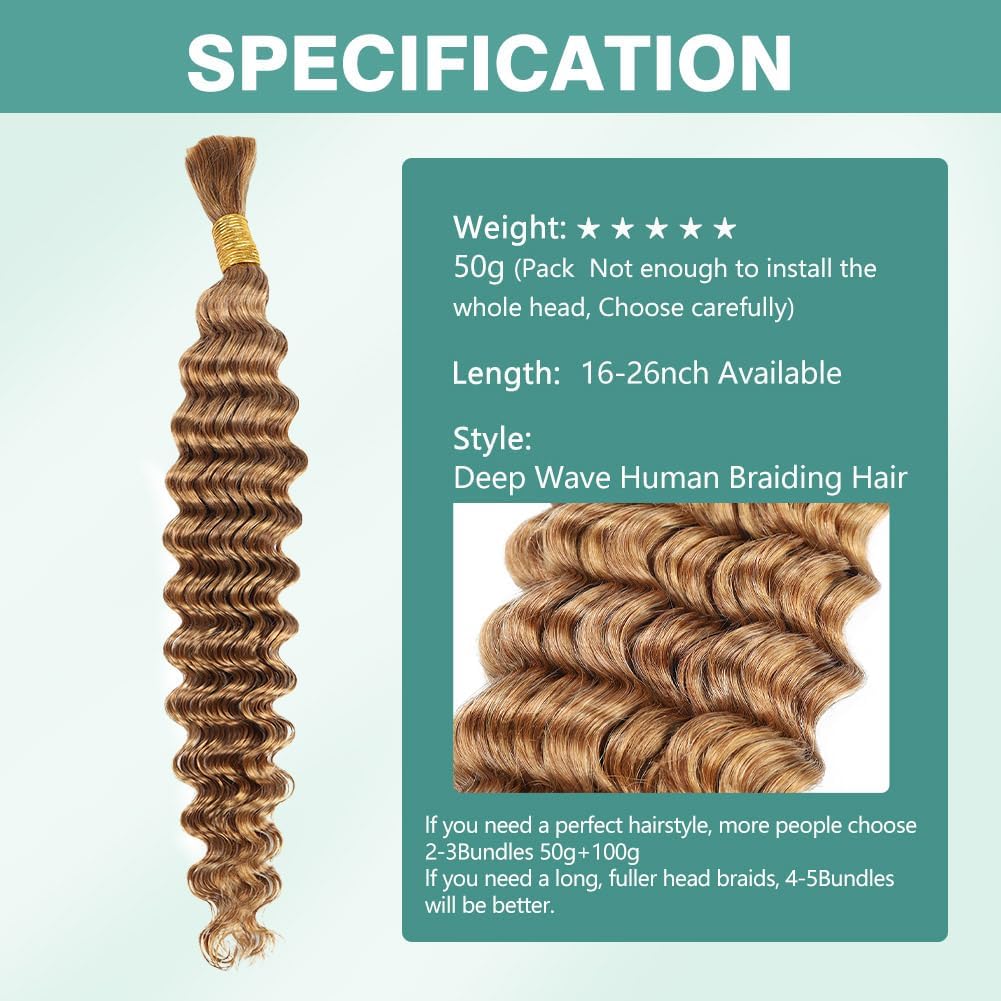 Deep Wave Bulk Human Braiding Hair 50g 22 Inch Honey Blonde Human Braiding Hair for Boho Braids 1 Bundle/Pack No Weft Color 27# 100% Brazilian Human Braiding Hair Extensions for Micro Braiding