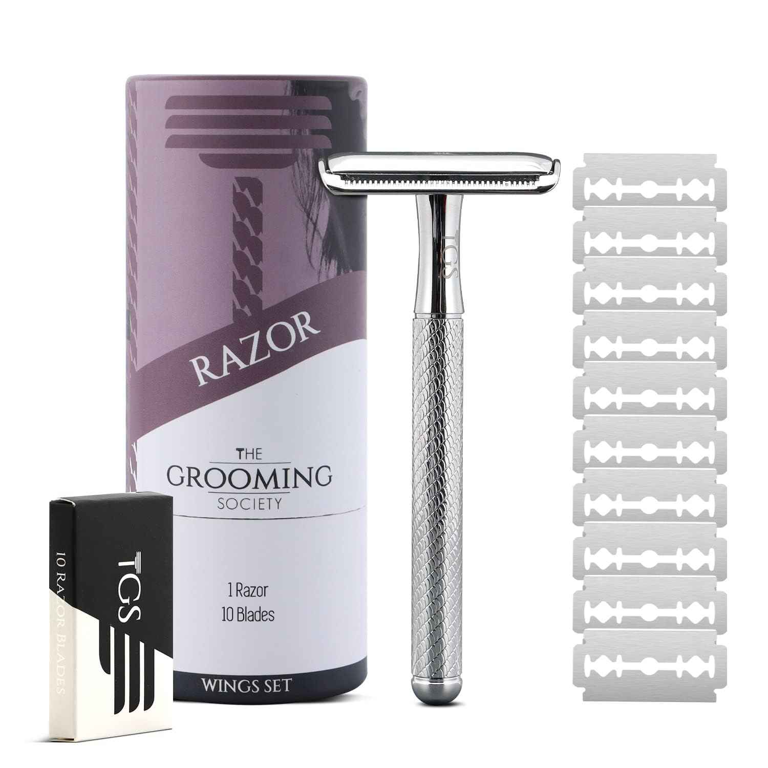 TGS Double Edge Safety Razor with 10 Razor Blades Refill, Single Blade Razor for Men Women, Zero Waste Reusable Eco-Friendly Metal Razor for Closed Smooth Shave - Chrome