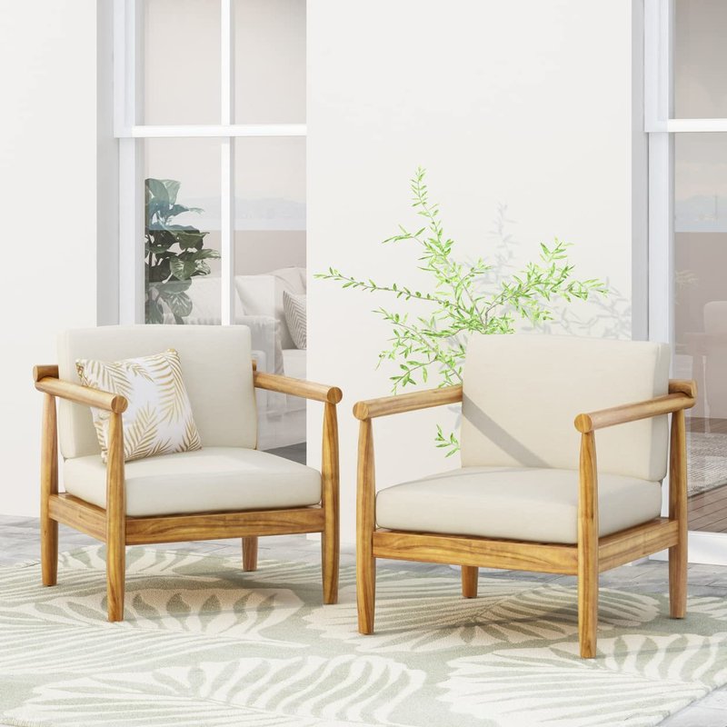 Abigail Outdoor Acacia Wood Club Chair (Set of 2), Teak and Cream