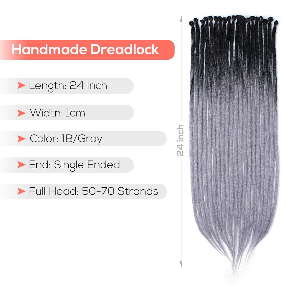 Kraler 24-Inch Ombre Black to Grey Dreadlock Extensions - 40 Strands Thick Synthetic Hair for Hip Hop Style | 1cm Width