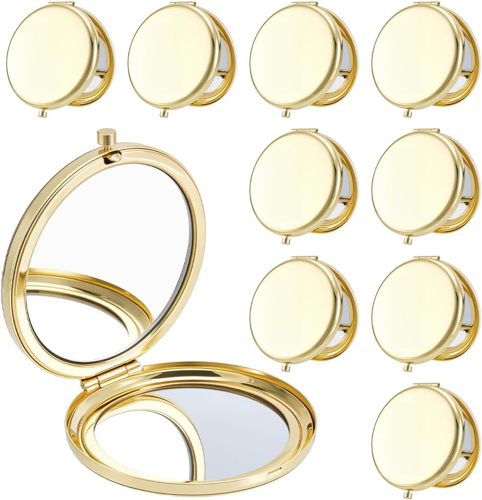 10 Pcs Small Folding Makeup Pocket Mirror - Golden Double-Sided 1X/2X Magnifying Round Mirrors for Travel & Work