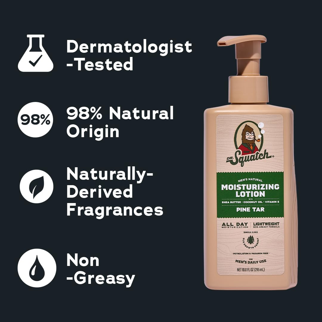 Dr. Squatch Natural Hand and Body Lotion for Men - Made with Shea Butter, Coconut Oil, Vitamin E for 24-Hr Moisturization - Pine Tar (10 fl oz, 2-Pack)