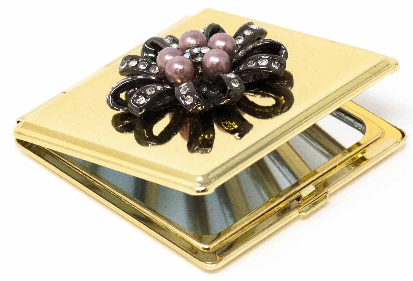 Folding Compact Pocket Makeup Mirror With Swarovski Rhinestone Crystals Double Sided (5x magnification + 1x magnification) (Golden Flower (Square))