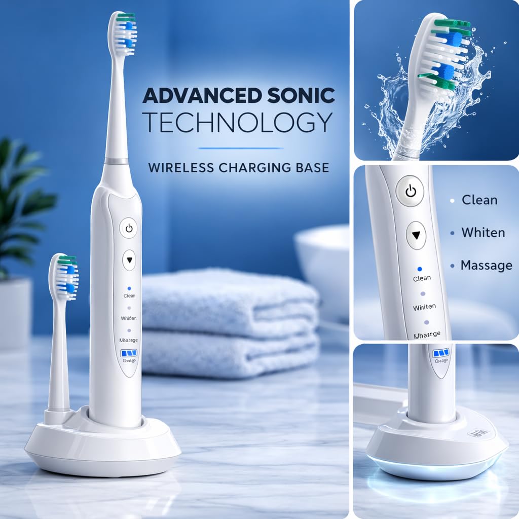 NetGen Sonic Electric Toothbrush for Adults, Rechargeable Power Toothbrush with 5 Replacement Heads, Travel Case, 3 Modes, 2 Minute Timer, IPX7 Waterproof Cordless Electric Toothbrush | White