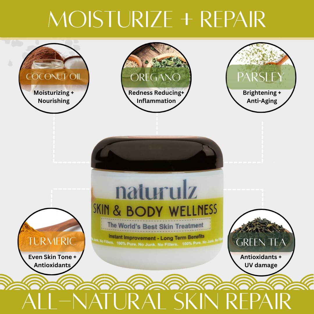 Naturulz Skin & Body Wellness 4oz – Fast-Absorbing Everyday Moisturizer with Nourishing Coconut oil. Antioxidant-rich Skin Barrier Formula With Vitamin E, Vitamin A (retinoids) and Green Tea.