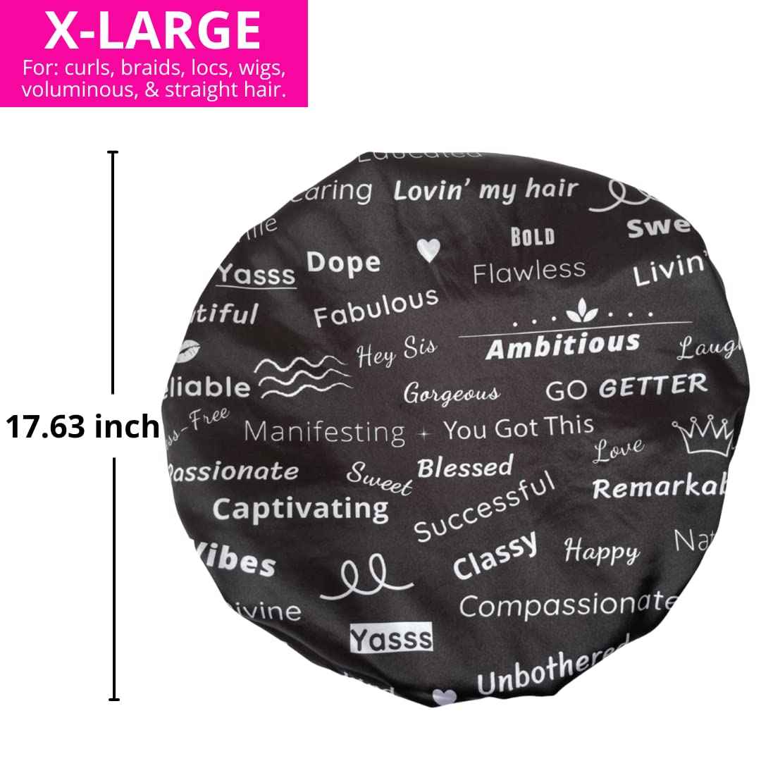 Shower Cap - Extra Large, Black, Satin lined inside, Reversible bonnet, Waterproof outer layer, Adjustable Elastic Strap, Reusable, Washable, Positive Affirmations for Women