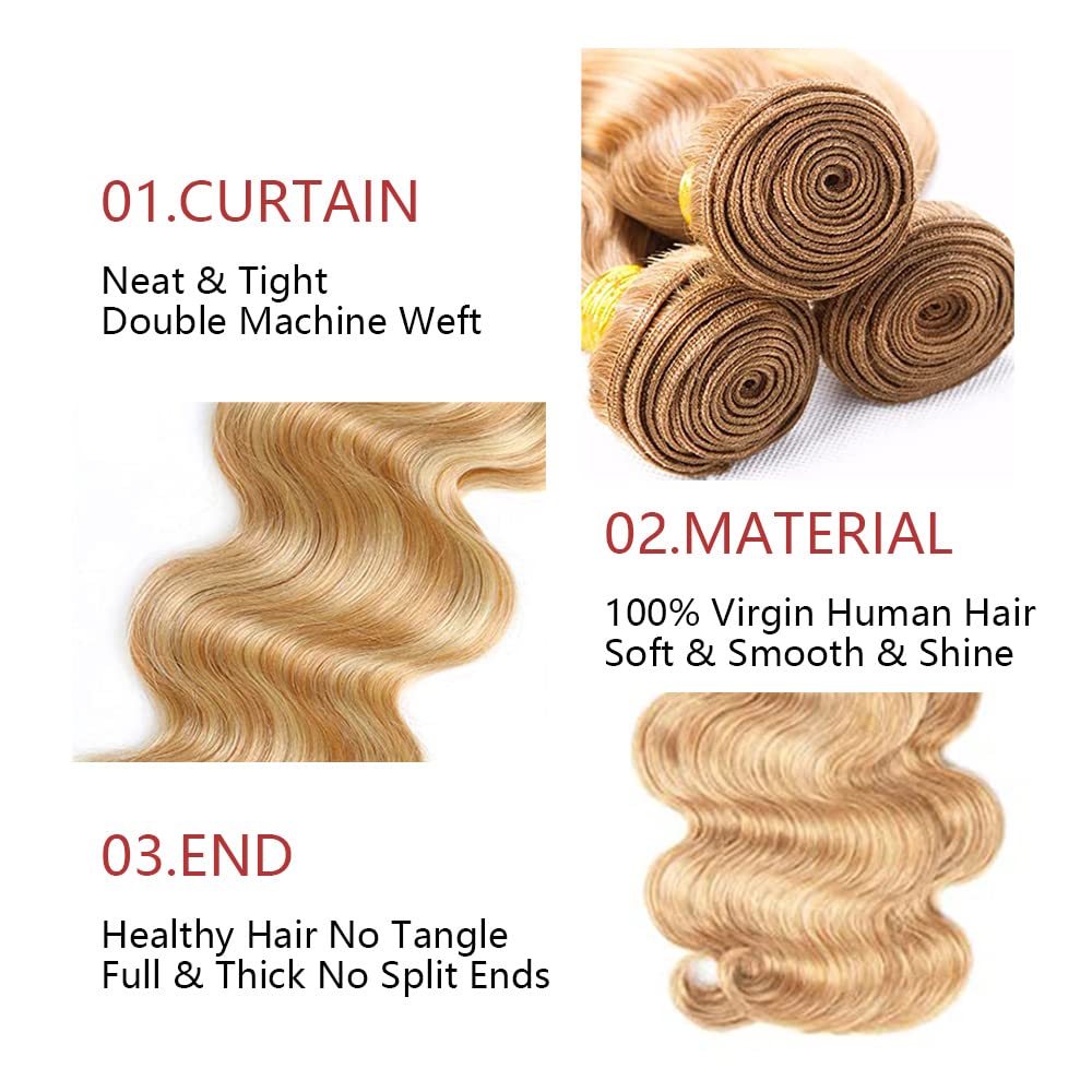 P27/613 Highlight Body Wave Bundle Blonde Human Hair 3 Bundles Brazilian Unprocessed Virgin Hair Extensions For Women Piano Color 8 10 12 Inch