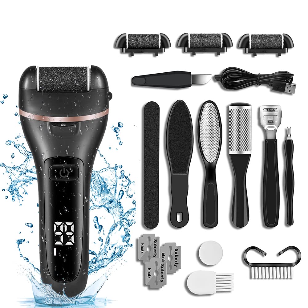 Electric Callus Remover and Foot polisher-Rechargeable-waterproof-10pieces Pedicure Set. (Black)