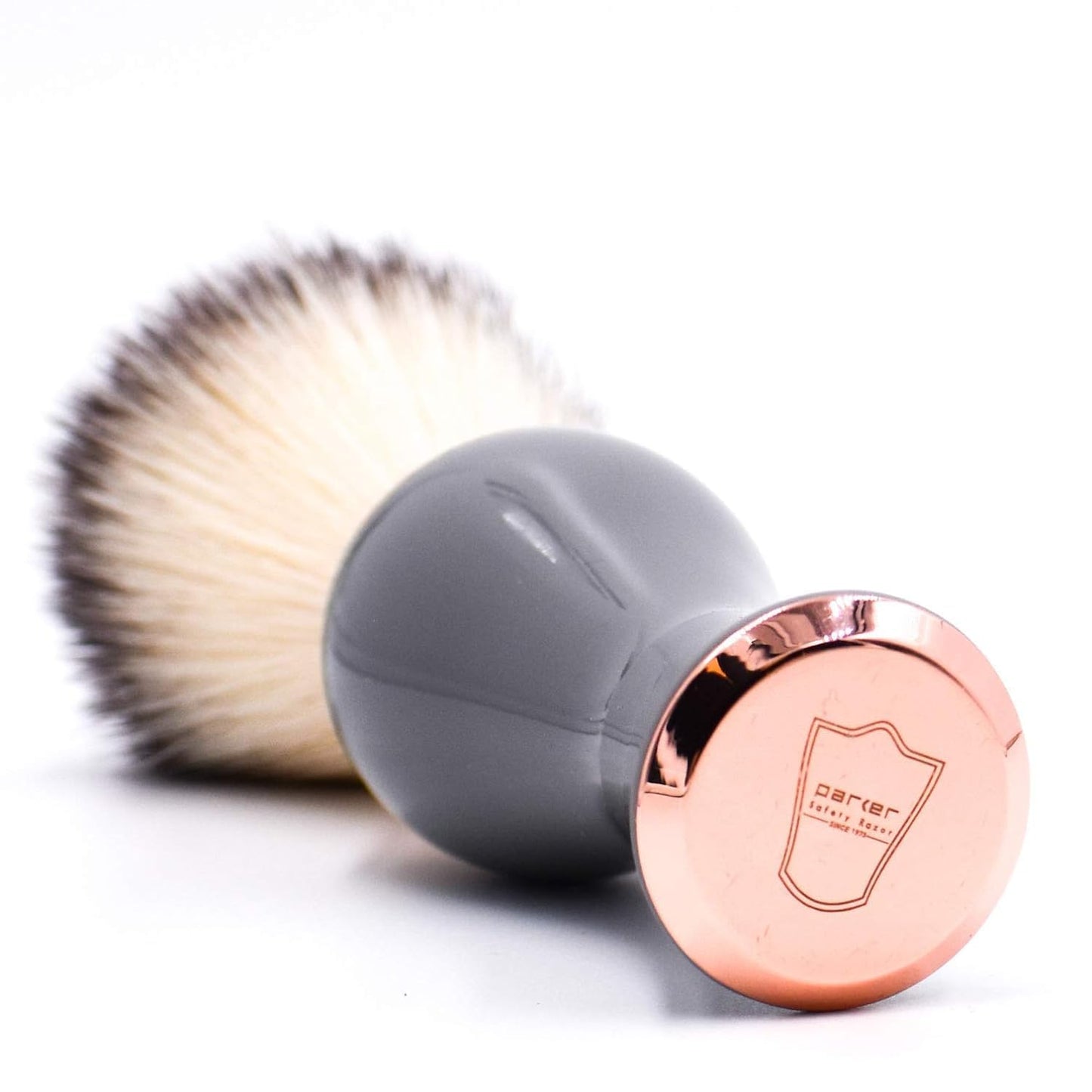 Parker Premium Synthetic Bristle Shaving Brush with Stand - Super Soft Bristles for Sensitive Skin - Deluxe Gray and Rose Gold Handle - Shaving Brush for Men & Women