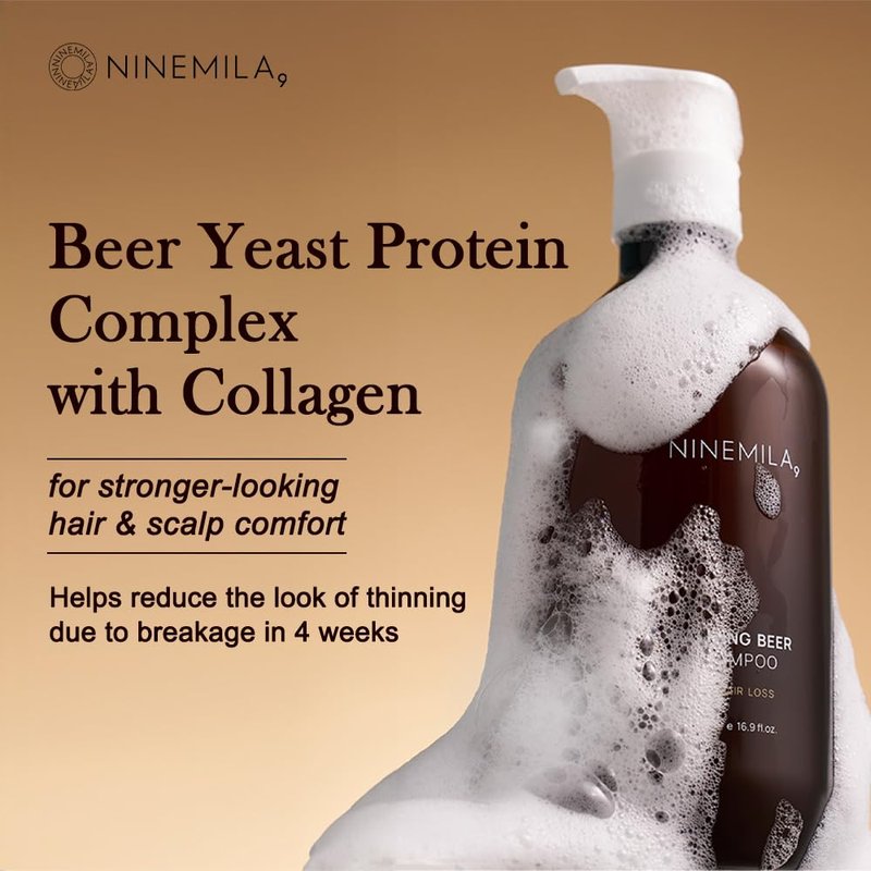 NINEMILA Calming Beer Shampoo with Biotin & Collagen for Thinning Hair, Postpartum Care, Hard Water Safe, Vegan, Sulfate-Free, Paraben-Free, Color-Safe Formula, 16.9 Fl oz