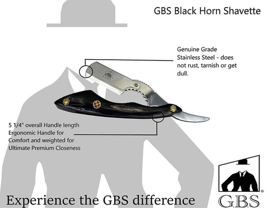 G.B.S Men's Classic Straight Edge Razor Saloon Shavette Professional Quality Black Brush And Razor Stand - Black Horn Handle Includes 10 Blades Manual Shaver Effortless Glide Pain Free