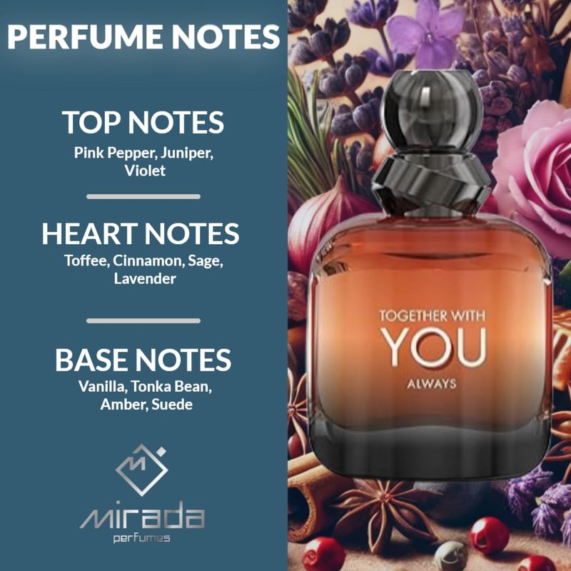 MIRADA Together With You Always, Men's Eau de Parfum (EDP) 3.4 FL. Oz (100ml), Men’s Perfume with Notes of Pink Pepper, Juniper, Violet, Toffee, Cinnamon, Sage, Lavender, Vanilla, Tonka Bean
