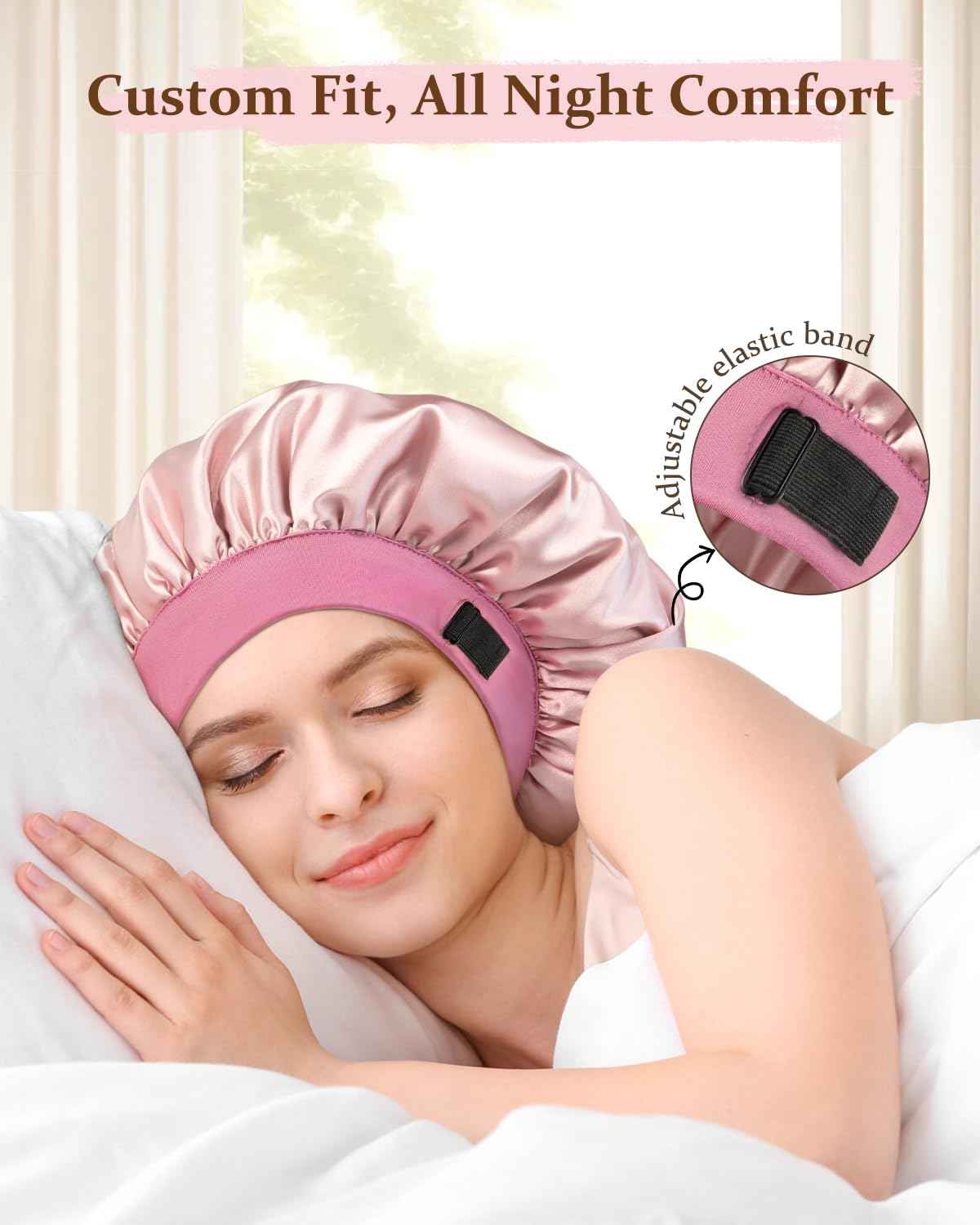 mikimini Satin Bonnet for Sleeping Women, Ajustable Reversable Silky Bonnet for Sleeping, Large Hair Bonnet for Curly Hair Braids, Pink Elegant, 2 Pieces