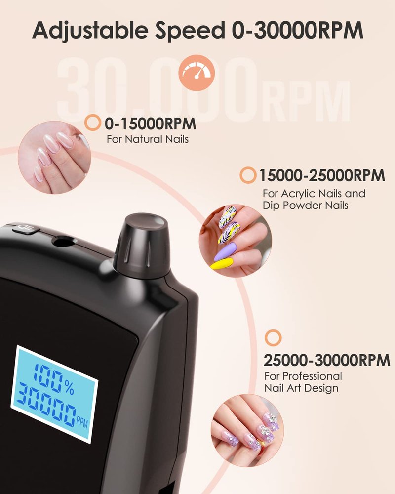 Beloving Portable Nail Drill Machine,30000RPM Rechargeable Electric Nail File Professional with Speed Display,Sanding Bands and Bits,Efile for Acrylic Dip Gel Nails Manicure Pedicure Home Salon Use