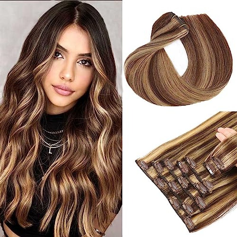 Straight Human Hair Clip in Extensions 22 Inch 120g 7pcs Clip in Hair Extensions Brazilian Remy Human Hair 16 Clips Double Weft Human Hair For Women (22 Inch, #4p/27 Medium Brown/Dark Blonde)