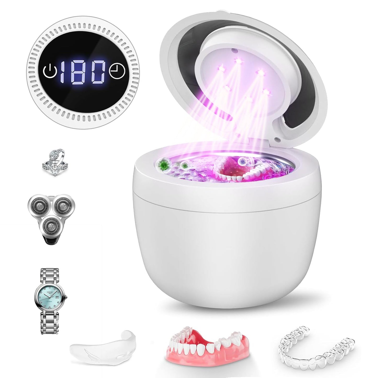 Staredy Ultrasonic Retainer Cleaner for Dentures,Oral Dental, 6 UV Lights-4 Mode-200ML Denture Cleaner Machine for Aligner,Braces, Jewelry with Mouth Guard Cleaner-Touchscreen (white)
