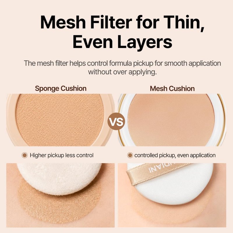 BEAUDIANI Mesh Glow Cushion Foundation, Korean Cushion Makeup Compact with Puff, Lightweight Buildable Coverage, Dewy Skin-Like Finish, Hydrating Formula, 12g, #1 Light Natural Daily (#21)