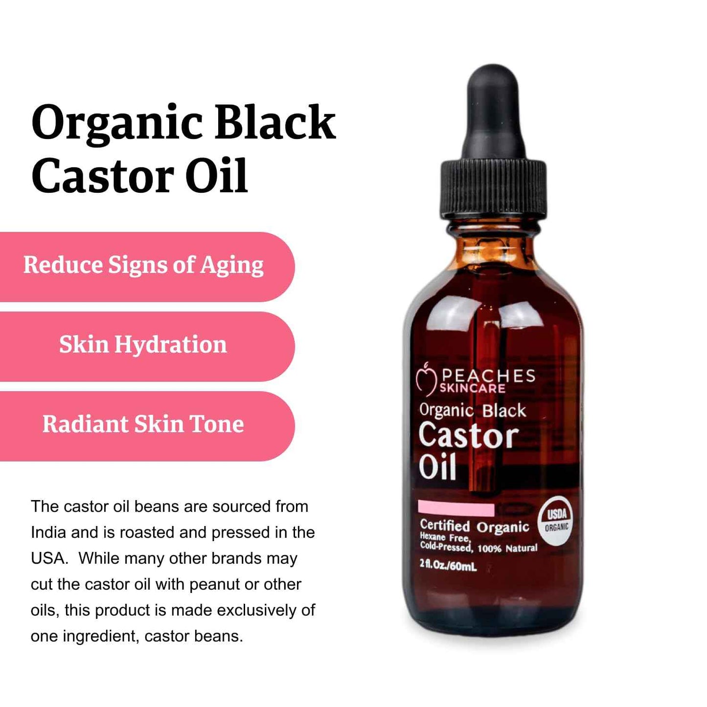 Organic Cold-Pressed Castor Oil – Hexane-Free, Vegan Formula with Omega-9, Omega-6, and Vitamin E – Hydrating Oil for Skin and Hair – Black Castor Oil (2 fl. oz)